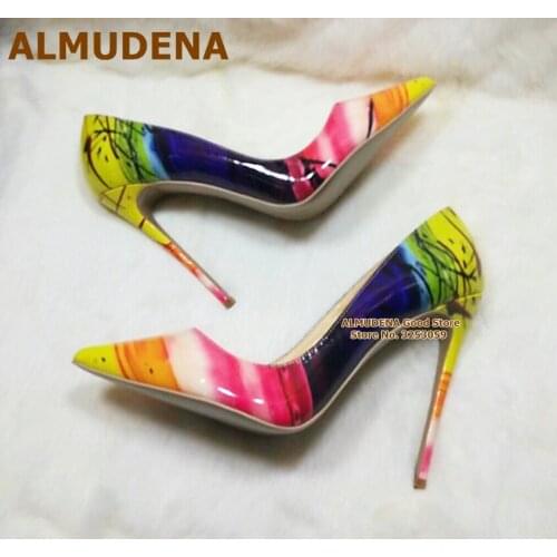 ALMUDENA Classic Van Gogh Printed High Heel Shoes Yellow Blue Red Multi-Color Patchwork Dress Pumps Graffiti 12cm Wedding Shoes