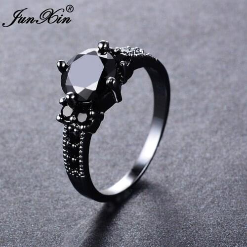 JUNXIN Big Round Black Zircon Rings For Female Male Black Gold Filled Fashion Wedding Party Engagement Ring Simple Jewelry