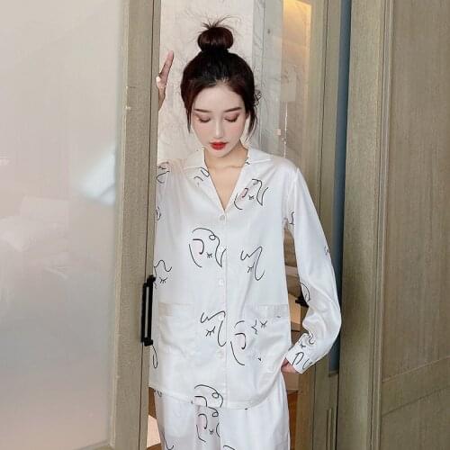 New Korea Sweet women pajamas sets satin silk noble home sleepwear women sexy simple white fashion long sleeve pyjamas women