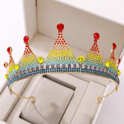 Baroque Royal Queen Crown Colorful Triangle Crystal Rhinestone Stone Wedding Tiara for Women Costume Bridal Hair Accessories New