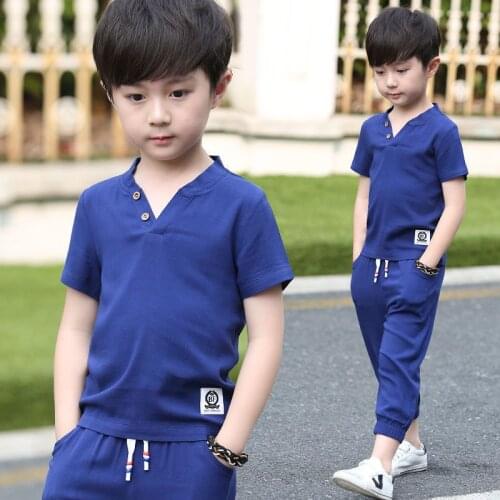 Summer Boy Suit 2021 New Korean Fashion Spring And Summer Big Childrens Short-Sleeved Cotton And linen Two-Piece Suit