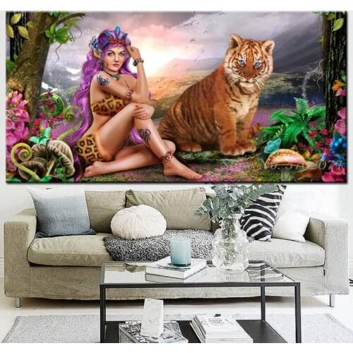 Beauty Fairy and Tiger 5d Pictures,Diy diamond painting Full Square Round puzzle diamond,Diamond painting Fantasy Art,EE1595