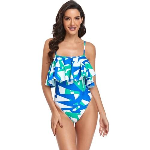 Sexy One Piece Swimsuit Push Up Swimwear Women Ruffle Monokini Adjustable Shoulder Swimsuit Blue Print Bodysuit Bathing Suit