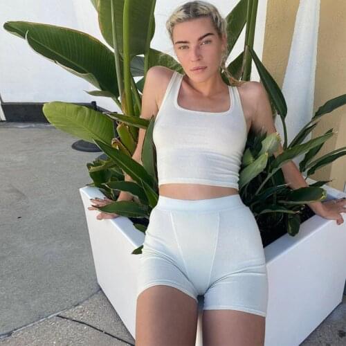 Summer Two Piece Set Sexy Ribbed Knitting Skinny Outfits Vest Crop Tops And Biker Shorts Bottom Suit Tracksuits