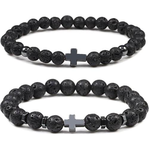 Natural Lava Stone Men Bracelets 6mm 8mm Black Onyx Beads Hematite Cross Charm Bracelet & Bangle Women Meditation Prayer Jewelry