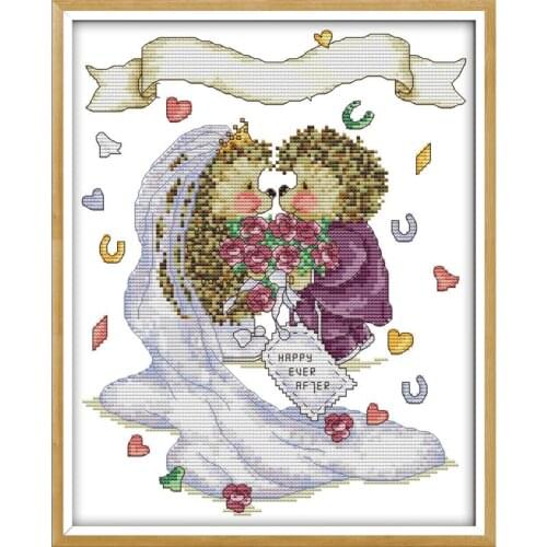 Joy Sunday The Hedgehogs Wedding Cross Stitch Kit with Printing Needlework Sets for Embroidery Goods Home Decor Cotton Fabric