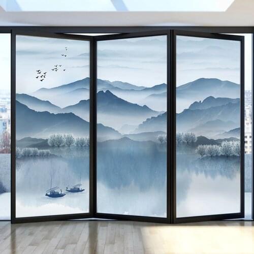 Chinese landscape window glass sticker office light transmission opaque anti-transparent frosted balcony bathroom shading film