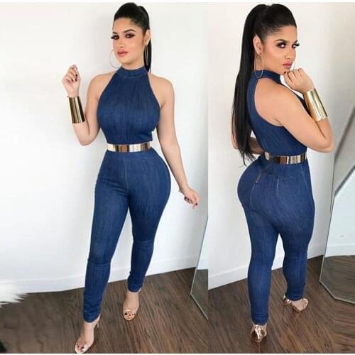 2021 Summer New Womens Denim Round Neck Sleeveless Jumpsuit