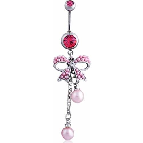 1 Pc Adorable Bowknot Pendant Lady Belly Button Ring Crystal Beads Pink Jewelry NOV99