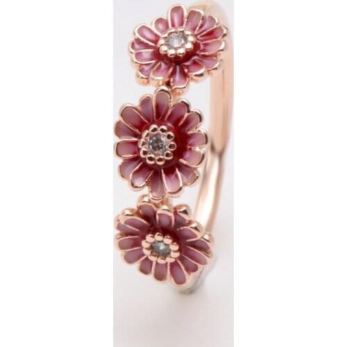 Bewill Authentic 925 Sterling Silver Three Pink Daisies Ring For Women Female Original Jewelry