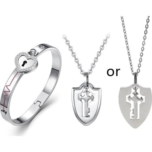 Couple Lovers Puzzle Titanium Steel Love Heart Lock Bangle + Key Pendant Necklace Set Jewelry Gift