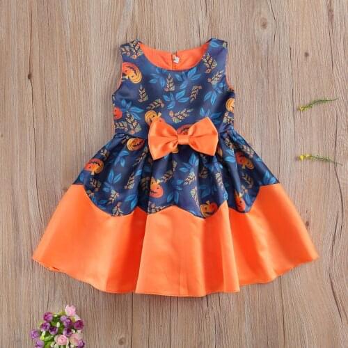 Halloween Baby Girls Dress Kids Sleeveless Round Collar Bowknot Waist Belt Mid-length Printed Princess Dress