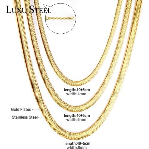 LUXUSTEEL Stainless Steel Flat Chains Necklaces Women Men Gold Color Big Size 4mm 6mm 8mm 45cm+5cm Hiphop Men Necklace Collars