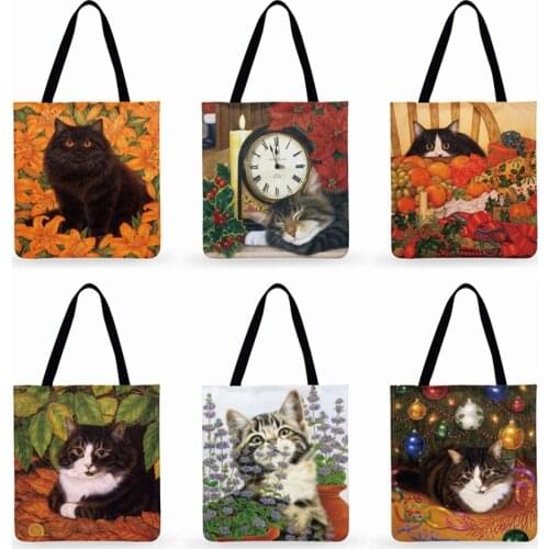 Cartoon Pastoral Cat Print Casual Tote Linen Multi-function Fashion Shopping Bag Reusable Ladies Tote Bag Daily Beach Bag