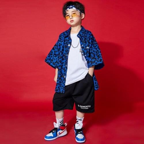 Kids Hip Hop Clothing Blue Print Oversized Leopard Shirt Top Streetwear Summer Shorts for Girls Boy Dance Costumes Clothes