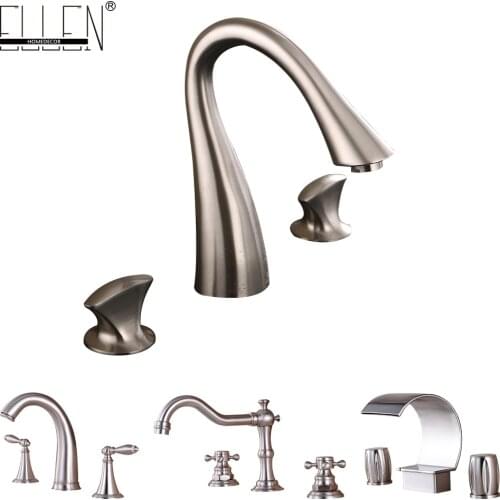 Vidric Bathroom Faucet 3 Hole Double Handle Brush Nickel Solid Brass Waterfall Basin Sink Mixer Tap Widespread EL8001N