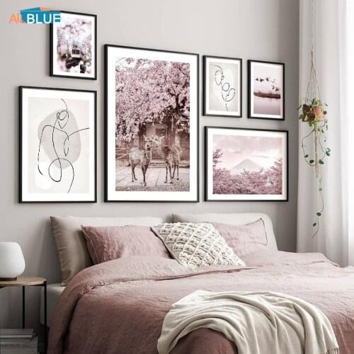 Japan Pink Mount Fuji Cherry Blossom Landscape Poster Canvas Picture Nordic Style Decoration Print Art Home Decor Wall Paintings