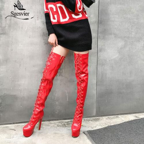 Sgesvier Sexy Super High Heels Over The knee Boots Ladies Patent Leather Party Dress Date Nightclub Dance Shoes Women Black Red