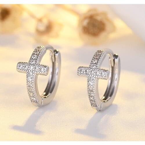 Charm Female White Zircon Hoop Earrings Rose Gold Silver Color Wedding Earrings Trendy Cross Crystal Stone Earrings For Women