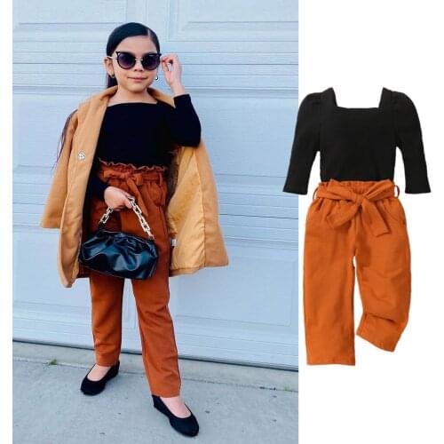 1-5Y Fashion Children Girls Autumn Clothing Sets Solid Color Long Sleeve Pullovers Tops+Belt Long Pants Outfits