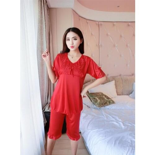 2020 Sexy Lace Trimmed Pajama Set For Women Spring Summer Short Sleeve Silk Pyjamas Soft Sleepwear Casual Homewear 2Pcs Pijama