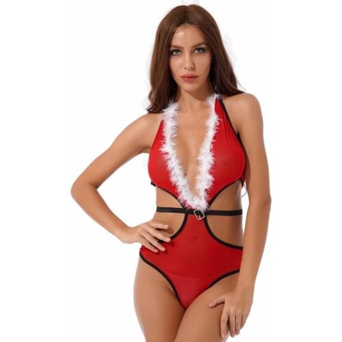 Women Christmas Jumpsuit Halter Lace-up See-through Mesh Bodysuit Underwear Nightwear Faux Fur Trim Plunging Neckline Catsuit