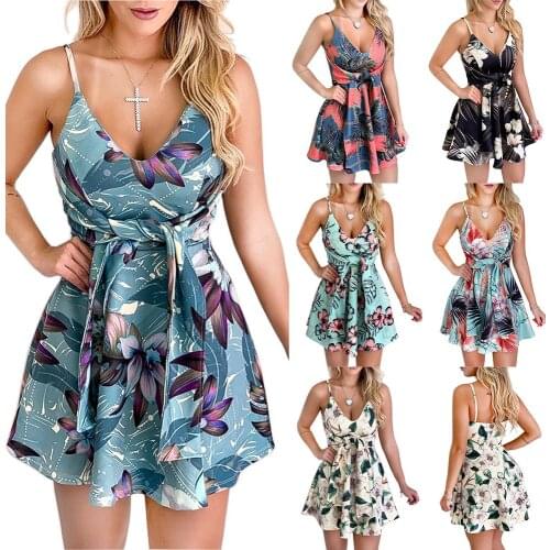 Women Summer Sundress Sexy Backless V-neck Beach Dresses 2020 Floral Girdle Sleeveless Spaghetti Strap Boho Mini Dress