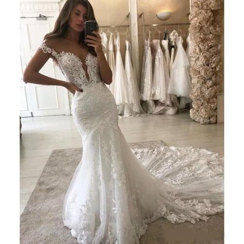 Mermaid Lace Beaded Wedding Dresses Sheer Plunging Neck Bridal Gowns Sweep Train Trumpet Tulle robe de mariée