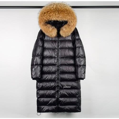 Winter Huge Real Raccoon Fur Hooded Over The Knee Puffer Jacket Women Shiny Patent Leather Waterproof Windproof Thick Down Coat