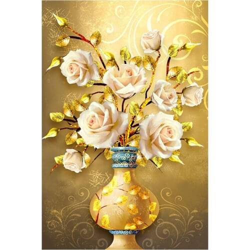 Golden Vase Rose Flower Diamond Painting Round Full Drill DIY Mosaic Embroidery 5D Cross Stitch Still Life Floral Pattern