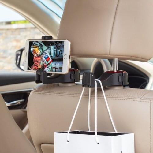 1Pc Car Headrest Hook with Phone Holder Seat Back Hanger for Bag Handbag Purse Grocery Cloth Foldable Clips Organizer
