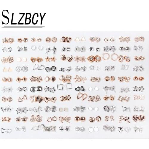 100pairs/set Acrylic Rhinestone Small Stud Earrings Set For Women Girls Gold Silver Color Geometric Flower Star Earring Jewelry