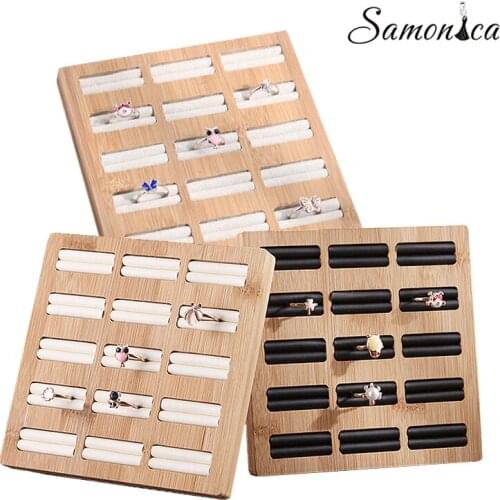 15 Grid Bamboo + PU / Velvet Ring Earrings Organizer Makeup Storage Rack Jewelry Rings Display Board Desktop Counter Display
