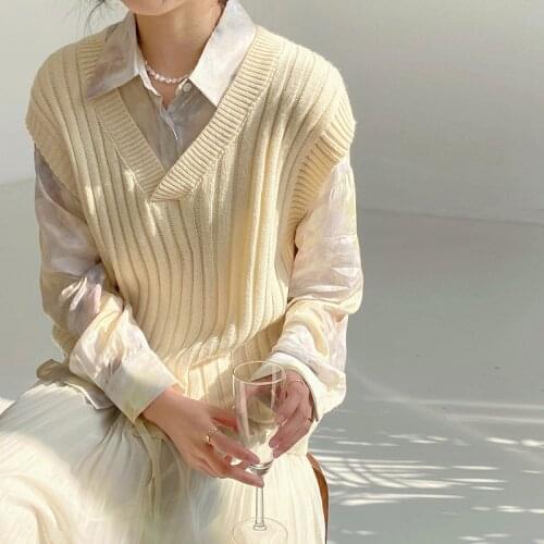 2021 Spring Autumn 4-color Loose Sweater Vest Women Solid V-Neck Pit Stripe Vest Top W429h