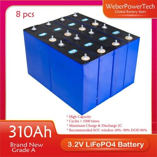 3.2V 310Ah NEW Grade A Rechargeable Lifepo4 Cell for 48V 51.2V 15Kw Solar Battery Pack US EU Free Shipping With T2 Cu-Ni Busbars