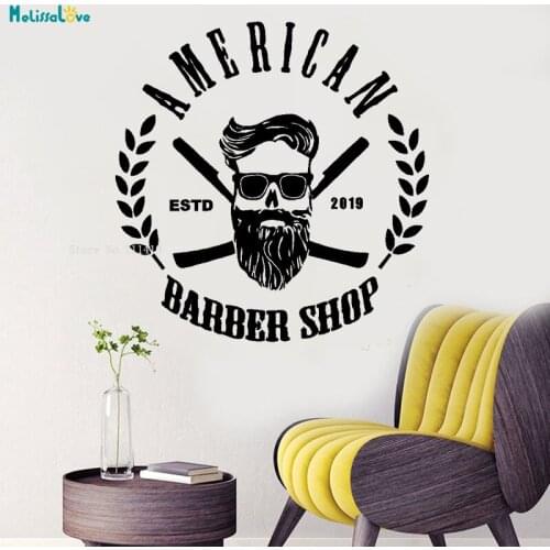 Bearded Beauty Mans Hair Studio EST 2019 Wall Sticker Personalised Shop Haircut Beard Face Tools Salon Murals Removable YT1203