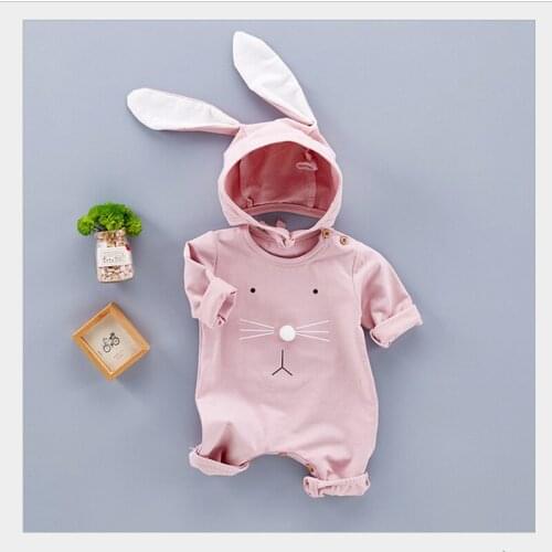 Free Shipping Rabbit Rompers Baby Girl Pink Rabbit Ear Fitting Baby Jumpsuit Long Sleeve 2 Pieces Detachable Hat Suit Outfit Set