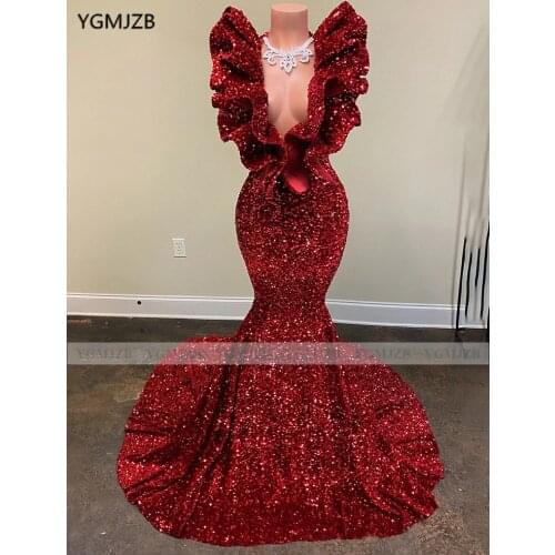 Sparkly Sequin African Women Long Prom Dresses 2021 Mermaid Ruffles V-Neck Sleeveless Burgundy Black Girls Evening Party Gowns