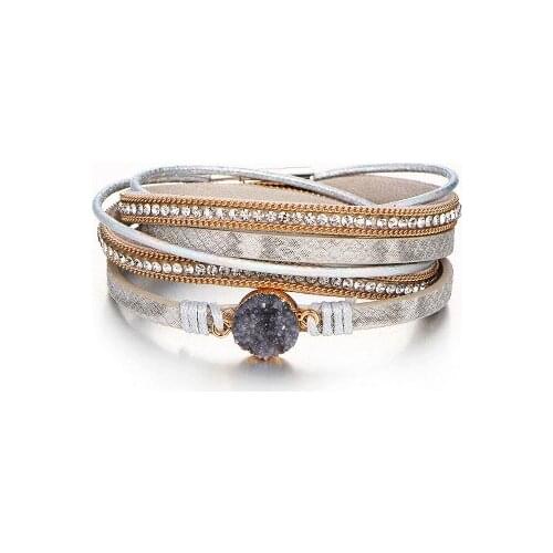 White Crystal Rope Chain Bracelet Wrist Strap Womens Fashion Leather Bracelet with Magnetic Buckle Cluster Packing Accessories