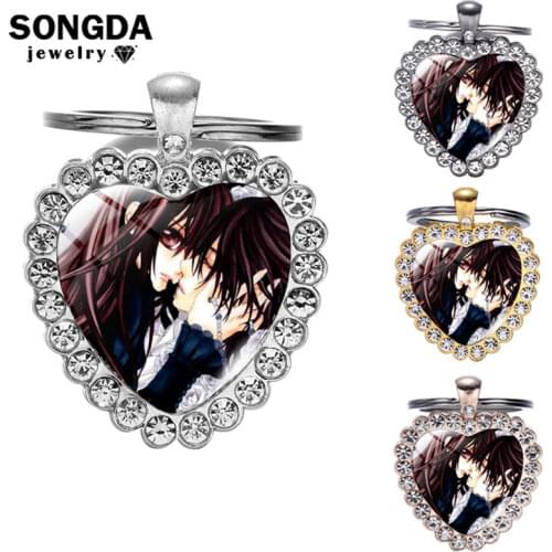 SONGDA Girl Comics Vampire Knight Keychain For Women Rhinestone Glass Photo Heart Pendant Key Chain Key Ring Family Fans Gifts