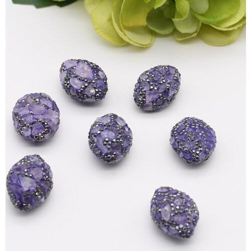 5pcs/lot 27x20mm High Quality natural purple stones oval Beads Trimmed With Crystal Zircon