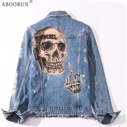 ABOORUN Punk Skull Printed Denim Jackets Mens Fashion Ripped Hole Slim Jean Coat Streetwear Hole Jacket