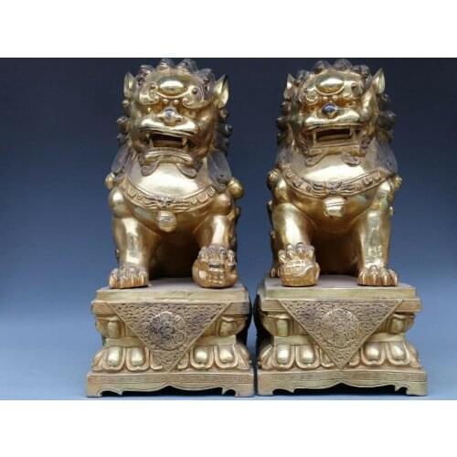 China classical Bronze Copper Feng Shui Evil Guardian Door Fu Foo Dog Lion Pair