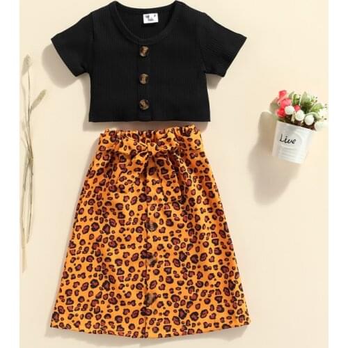Two Piece Kids Girl Clothes Sets Short Sleeve Button Top Leopard Print Skirt High Waist Bow Single-breasted Summer Outfits