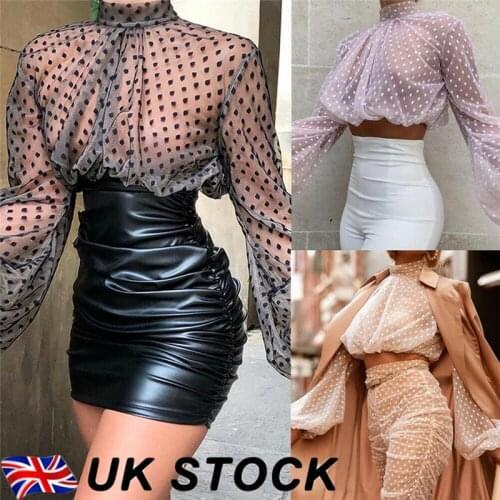 Puff Sleeve Crop Top Women See-through Sheer Mesh Tank Top Dot Print Turtle Neck Shirt Blouse Fashion Female Tops Newest