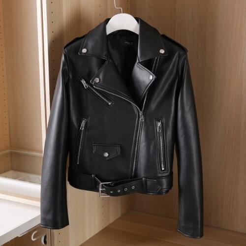 Trendy New Spring Women Pu Faux Leather Short Jacket with Belt Streetwear Turndown Collar Moto Biker Black Coat Autumn Outwear