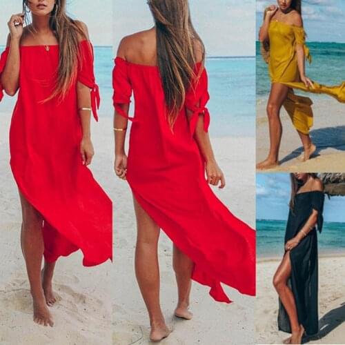 Hot Sales 2021 Women Solid Color Off Shoulder Tied Cuff Side Slitting Chiffon Beach Long Dress