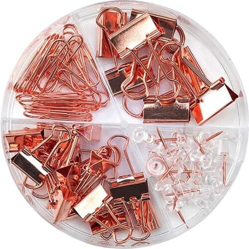Fashion Binder Clips Paper Clips Push Pins Sets with Box for Office School and Home Supplies Rose Gold Office Tools Set