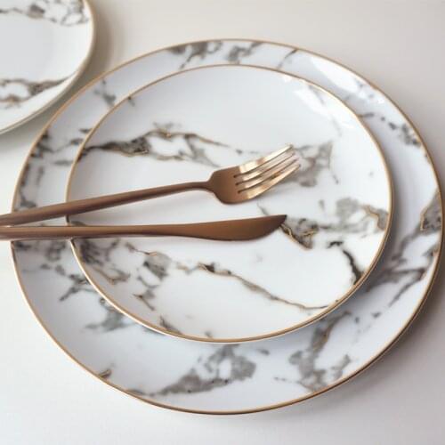 Wholesale 8 and 10 inch Gold inlay Marble dinner Plate Dish set Dessert Plate Wholesale Dinnerware Cake dish dessert tray