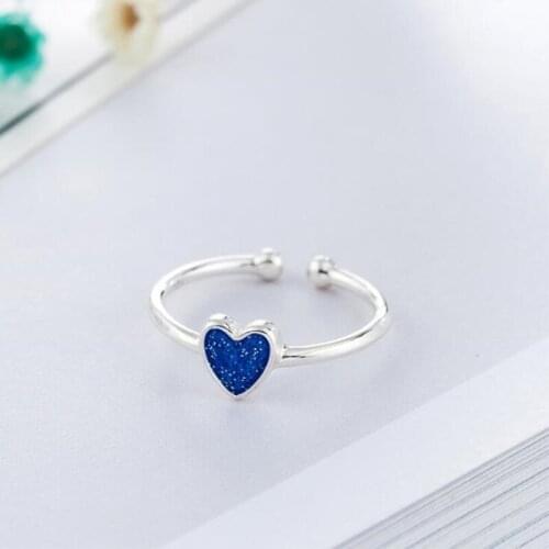 Simple Temperament Korean Style Fashion 925 Sterling Silver Jewelry Personality Epoxy Blue Love Heart Shaped Opening Rings SR34